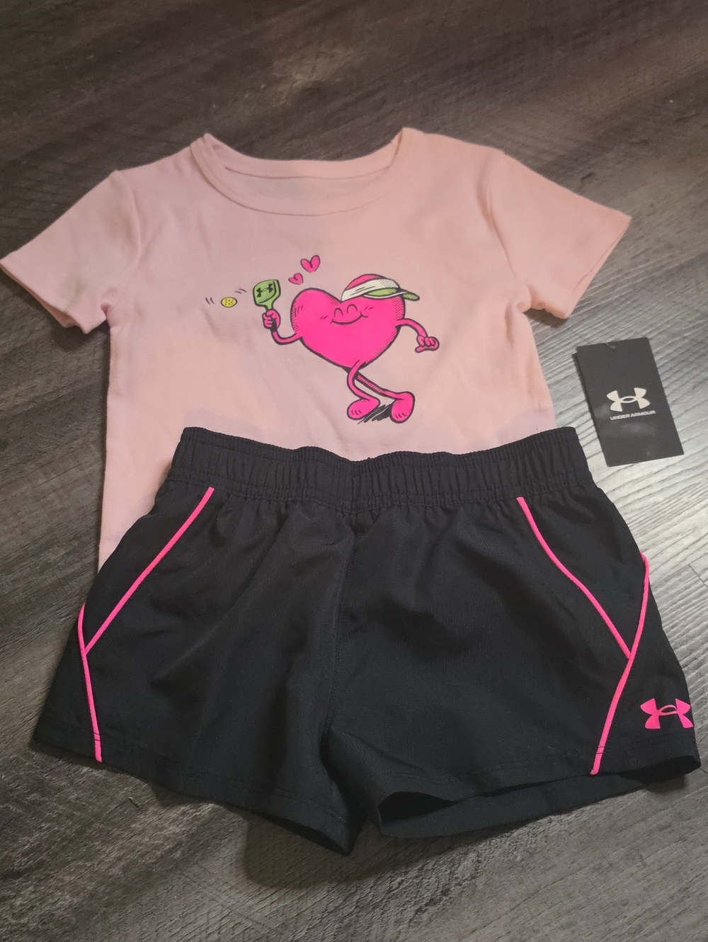 Under Armour Pink Graphic Tee with Black Shorts Girls Size 6